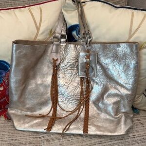 Ralph Lauren Silver Tote Bag with Brown Western Accents